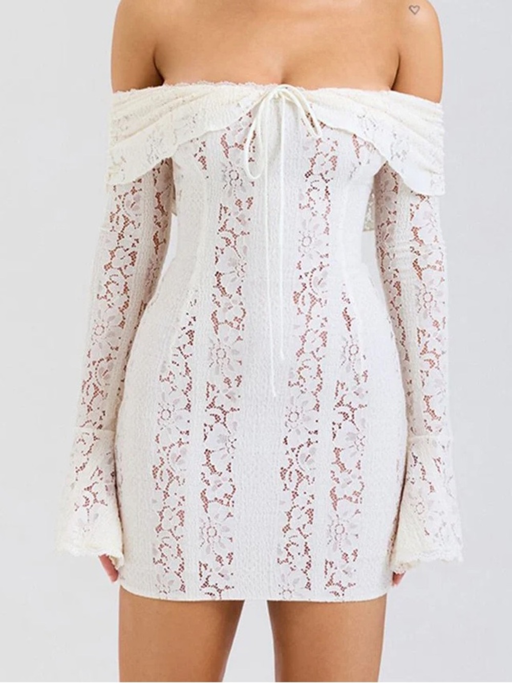 Free People White Off-Shoulder Lace Long Sleeve Mini Dress